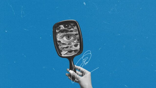 Stop motion, animation. Conceptual image. Female hand holding mirror with many human eyes. Social opinion and influence. Concept of inner world, social influence, psychology, diversity. Surrealism.