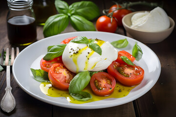 Delicious italian caprese salad with tomatoes, mozarella, basil leaves, olive oil. Tasty delicious burrata cheese with fresh tomatoes. Pesto sauce ingredients pine nuts. Generated AI