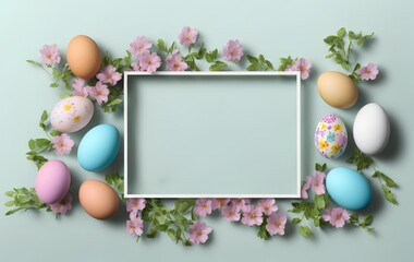 Naklejka na ściany i meble Frame with eggs and flowers on a blue background AI Generated