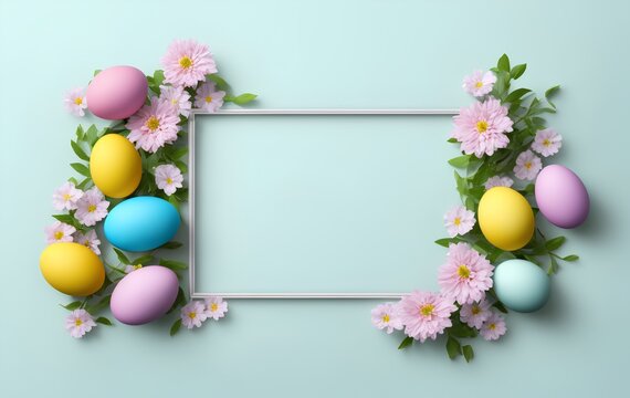 easter eggs on a blue background with pink flowers - AI Generated