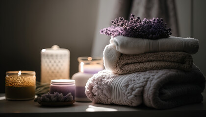 Obraz na płótnie Canvas Spa still life with towels, scented candles, lavender branches and blur background, concept of water, wellness and spa