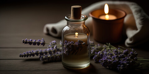 Obraz na płótnie Canvas Spa still life with oil bottle, lavender branches, scented candle, and towel with blurred background, water, wellness and spa concept