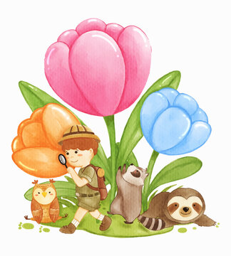 Giant tulip flowers with wildlife animals owl raccoon sloth bear and adventure boy . Realistic watercolor paint with paper textured . Cartoon character design . Vector .