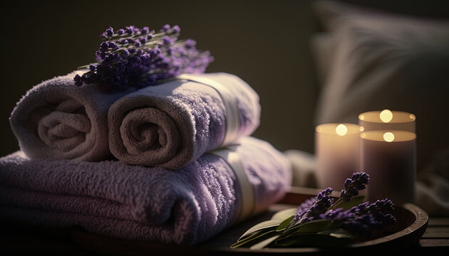 Spa still life with towels, scented candles, lavender branches and blur background, concept of water, wellness and spa