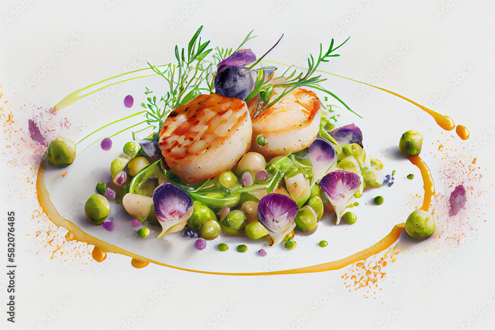 Poster scallops with peas and sprouts. generative ai