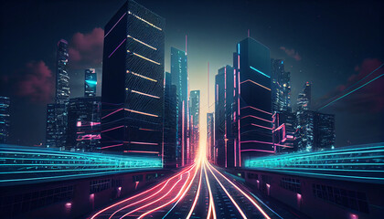 Fototapeta na wymiar night city illuminated with neon glowing lights concept. Futuristic cityscape in blue and violet colors, with skyscrapers, highway background. Generative AI