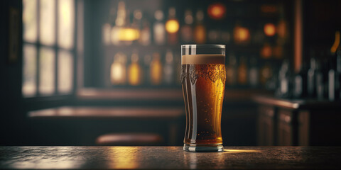 a photo of glass full of beer in a bar, background blurred, Generative IA