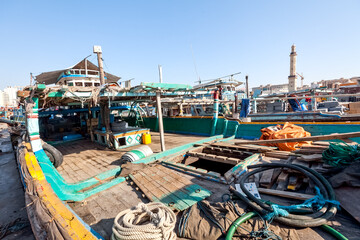 Wooden fishing boat with fishing nets in Arab Emirates