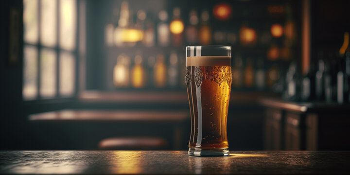 a photo of glass full of beer in a bar, background blurred, Generative IA