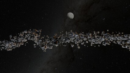 The floating asteroid belt and the moon in the universe.