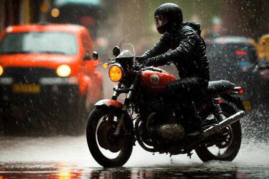 motorcycle under rain . AI generated