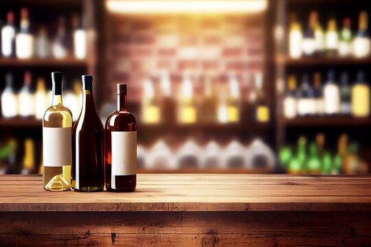 Bokeh Background of Cafe Bar with Blurred Counter, Tables, and Wine Bottles