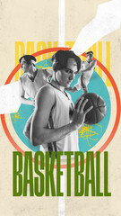 Retro style poster with potraits of young basketball player. Contemporary art collage. Concept of creativity, action, energy, sport, competition and ad.