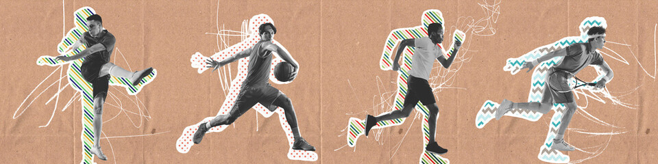 Horizontal retro magazine style poster with portrait of runner, football, tennis and basketball...