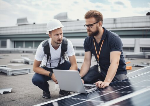 Industrial engineers using computer to check and analysis data of solar power station project. Generative AI.