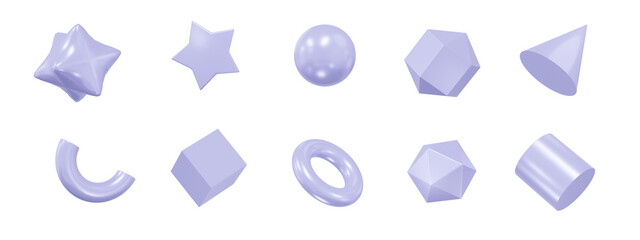 3d set lilac shapes: square, cylinder, sphere, pyramid, torus, star, cone, icosphere. Metal simple figures for your design on white isolated background. 3d rendering illustration.