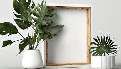Mockup, wooden frame on shelf with house plants indoors, AI generative