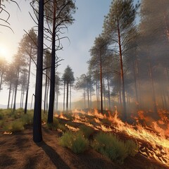 Forest fire, trees engulfed in smoke, AI Generative.