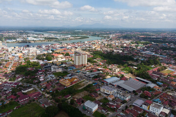 Obraz premium Aerial view of the city of Muar with sea view. Muar is a small city that locate in Johor, Malaysia.