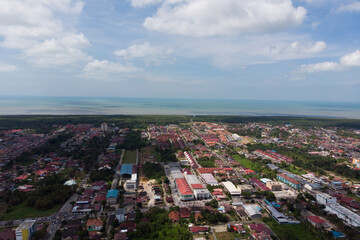 Aerial view of the city of Muar with sea view. Muar is a small city that locate in Johor, Malaysia.