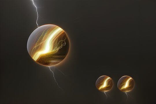 Szklane kule kumulujące energię z wyładowania elektrycznego. Wygenerowane przy pomocy AI