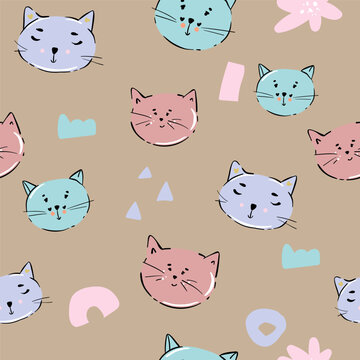 cat seamless pattern kitten paw footprint head calico vector pet scarf isolated repeat background cartoon animal tile wallpaper illustration doodle design