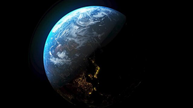 Animation of Earth seen from space, the globe spinning on satellite view on dark background. Global space exploration space travel concept digitally generated image. 4k