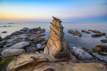 The rocks are shaped like bamboo shoots. The sea and the sky are one color. The peculiar rocky landscape of Ruifang Nanya, New Taipei City. Taiwan