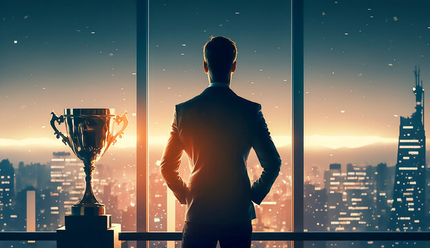 businessman with trophy standing in office and look out to city, successful leader and success and winner concept, Generative ai