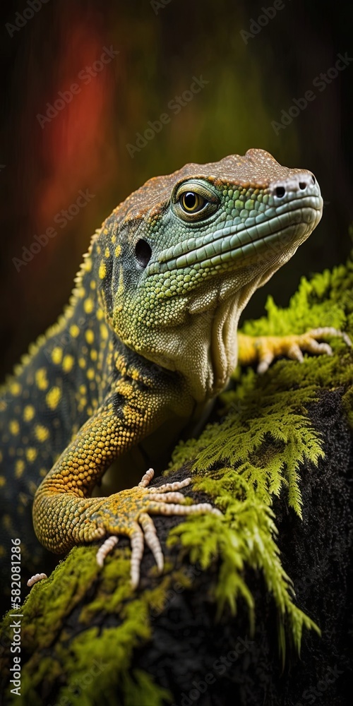 Poster solitary bay varanus salvator lizard up close on moss a varanus salvator lizard sunning itself on so