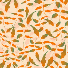 Fototapeta na wymiar Pattern of variety of colorful trendy autumn gradient leaves. Vector illustrations for wrapping paper, invitations. Elegant shapes floristic isolated leaves. Forest, botanical, minimalistic floral.
