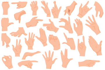 Hand gestures set icons concept in the flat cartoon design. Images of hand gestures that people use to communicate without words. Vector illustration.