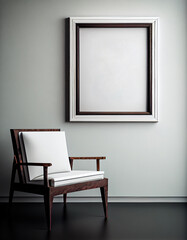 Fototapeta premium Frame mockup empty blank on white wall and vintage retro chair. Generative AI