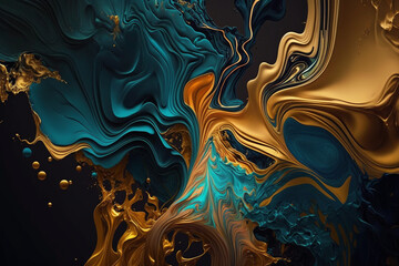 Beautiful mesmerizing gold golden abstract fluid background wallpaper texture. Yellow liquid gold motion flow pattern. Ai generated