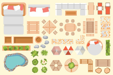 Outdoor furniture top view icon set concept in the flat cartoon design on a yellow background. Furniture and landscaping that can be used to decorate the yard. Vector illustration.
