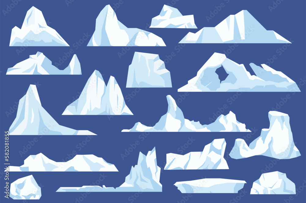 Poster set of floating glaciers concept in the flat cartoon design on a blue background. images of glaciers