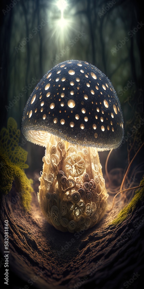 Poster a delicate little fungus perched on a tree root, lit up at the base generative ai