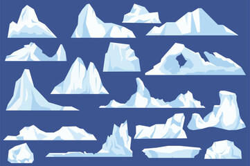 Set of floating glaciers concept in the flat cartoon design on a blue background. Images of glaciers that can be encountered on the way of ships in the ocean. Vector illustration.