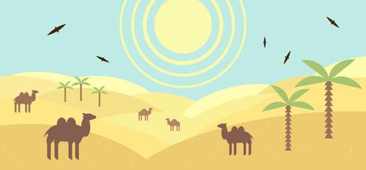 Desert vector horizontal illustration with sand dunes, palm trees, sun and camels. Nature illustration for children's books, prints and designs
desert