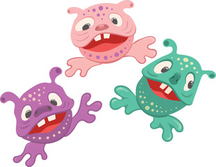 Three fantastic funny cute monsters with teeth and frog legs in different colors