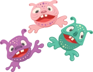 Fotobehang Three fantastic funny cute monsters with teeth and frog legs in different colors © Natali