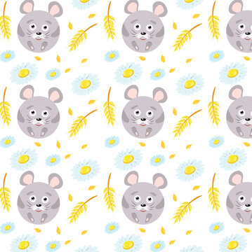 Cute pattern mouse wheat grain chamomile on a white background. Suitable for background or fabric or baby clothes