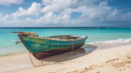 Naklejka na ściany i meble Beautiful caribbean sea and boat on the shore of exotic tropical island, panoramic view from the beach