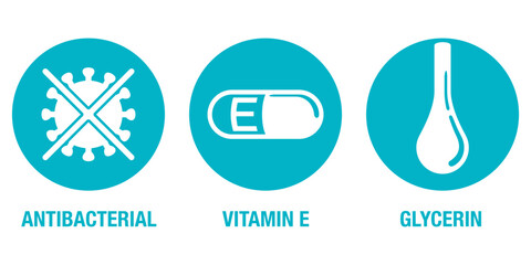 Glycerin, Antibacterial, Vitamin E - flat icons