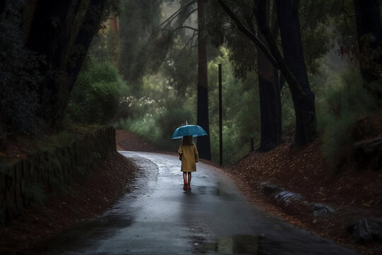 Autumn season, Walking on a road with an umbrella 