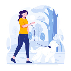 People walking dogs in spring flat illustration