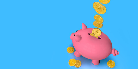 Top view of gold coins falling inside pink ceramic piggy bank standing against blue background