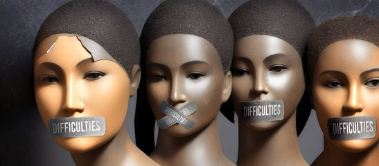 Difficulties - Censored and Silenced Women of Color. Standing United with Their Lips Taped in a Powerful Display of Protest Against the Suppression of Women's Voices,3d illustration