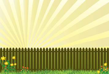 wooden fence with grass and flowers