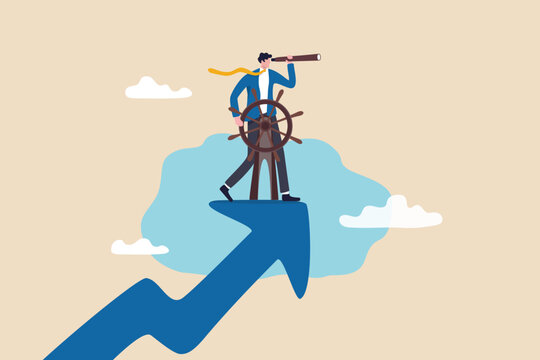 Leadership to lead company direction, vision to see opportunity, skill to overcome challenge or decision to control and drive growth concept, businessman captain control rudder helm on growth arrow.